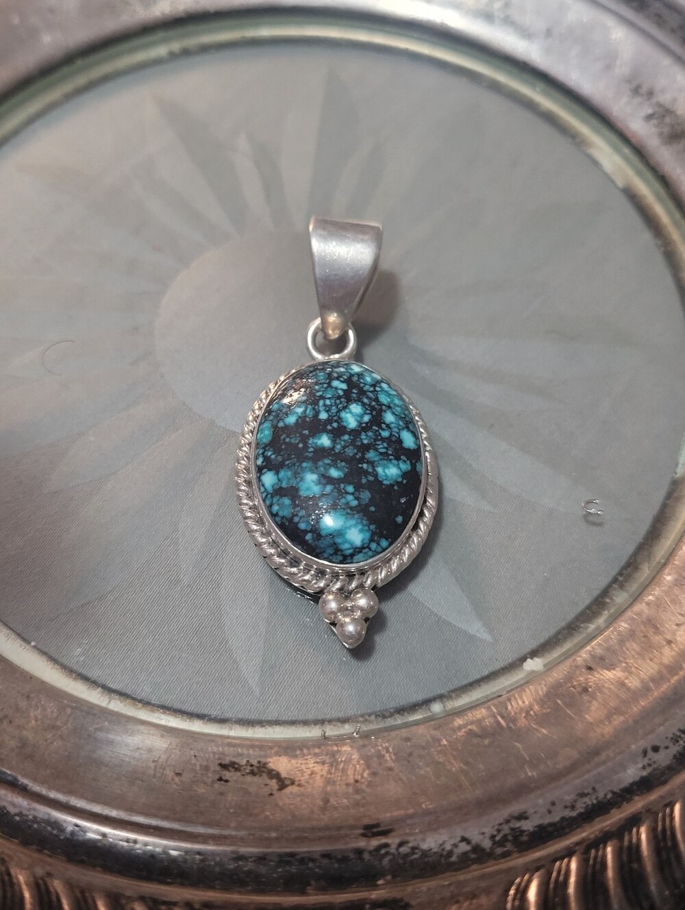 Sterling Silver Turquoise Oval Pendant - Blue & Black